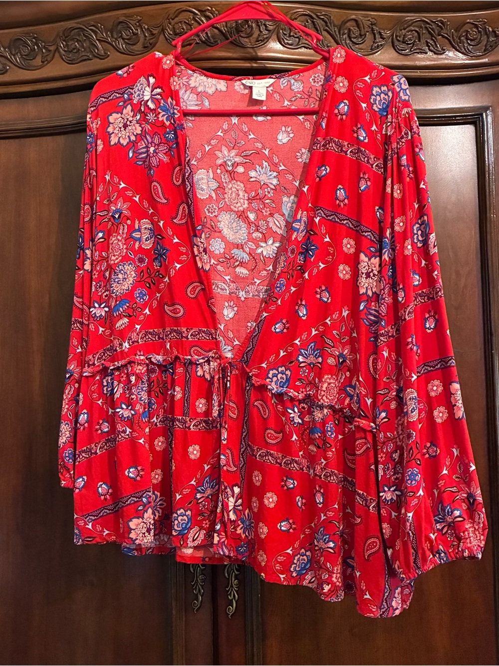 Red Floral Paisley Print Wrap Women’s Top